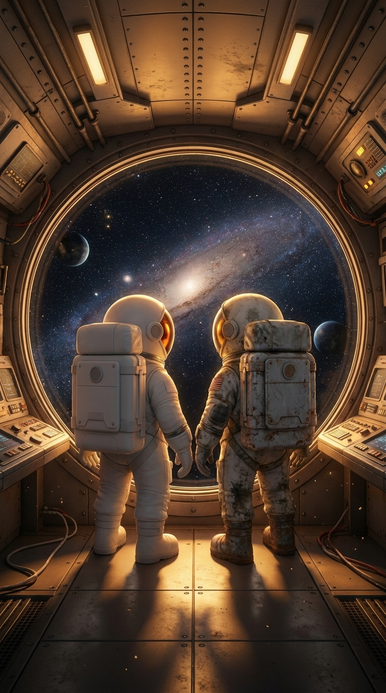 Two astronauts side by side in a spacecraft observation module, looking out into deep space together