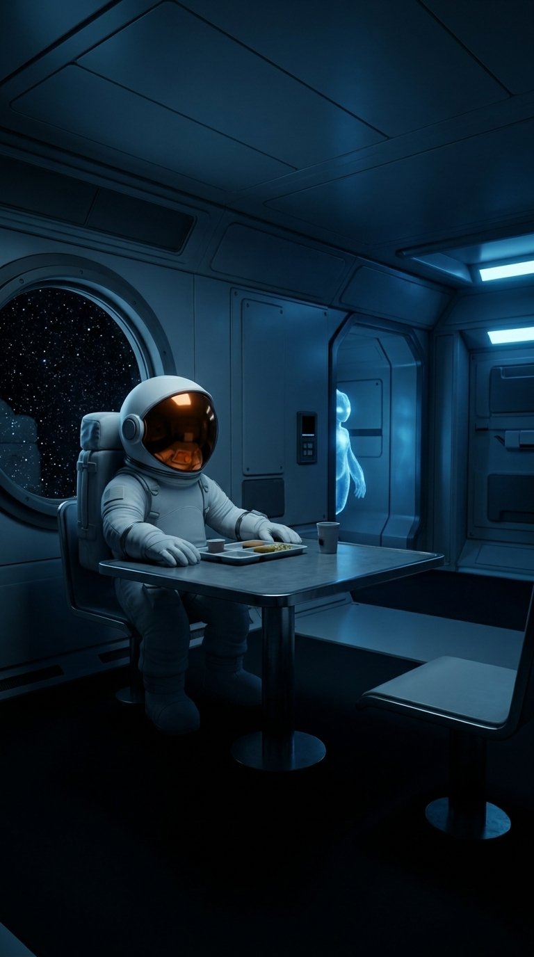 Astronaut sitting alone at a table in a dim spacecraft common room, a faint blue glow visible through a distant corridor