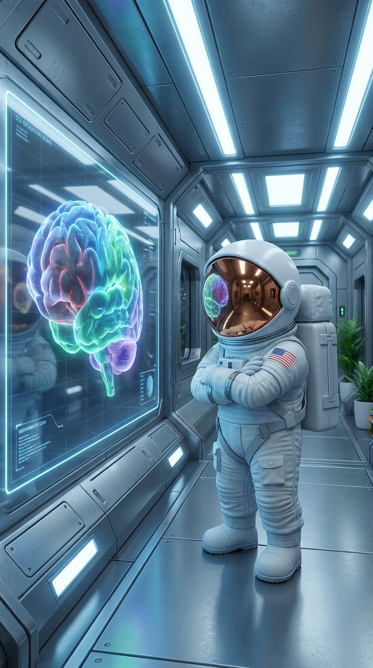 Astronaut studying a holographic brain scan in a spacecraft corridor