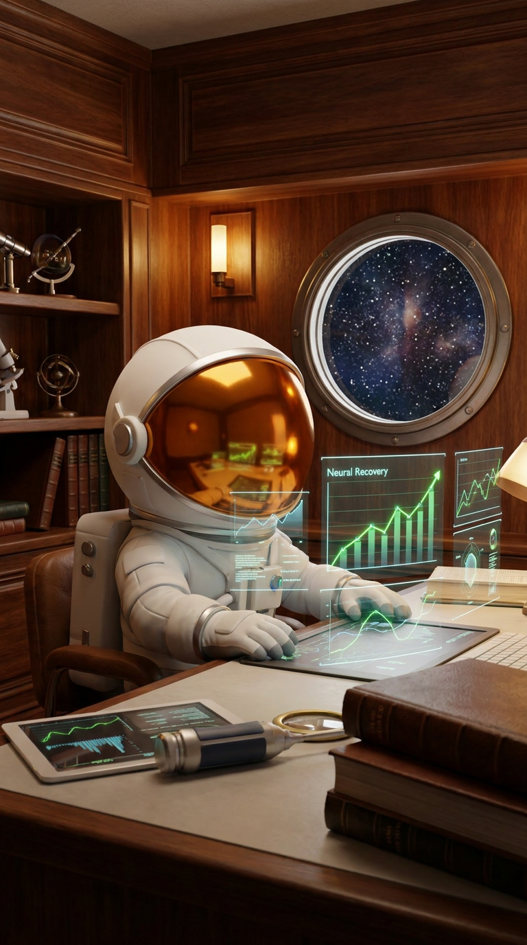 Astronaut at a spacecraft desk studying neural recovery charts