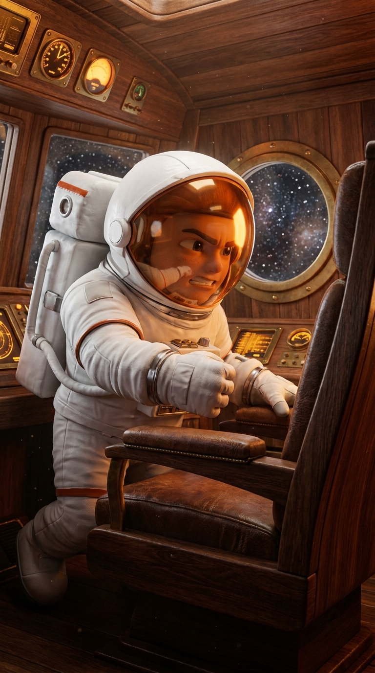 Astronaut gripping the cockpit chair, determined, stars through the porthole