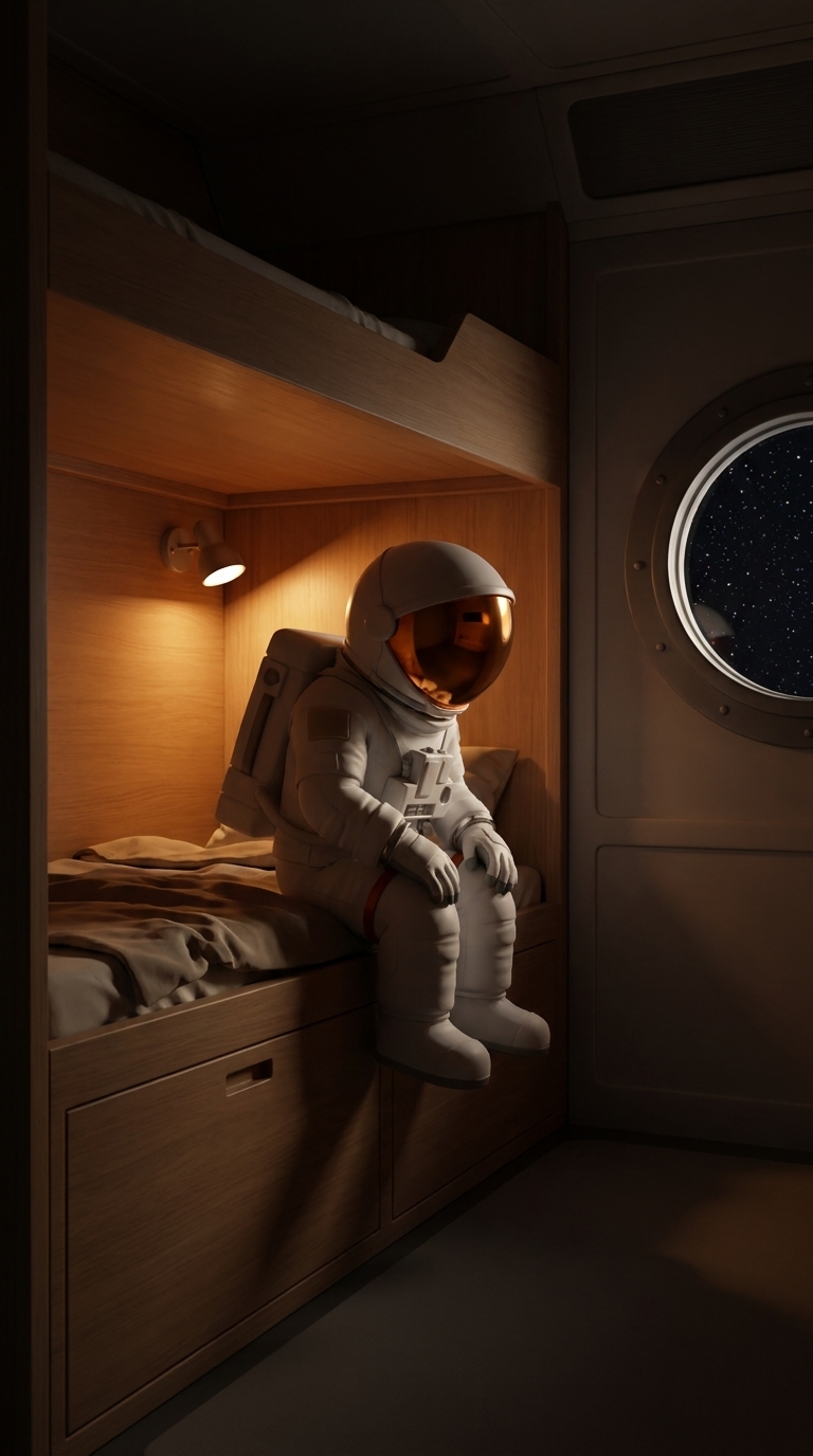 Astronaut sitting alone on a bunk in dim spacecraft quarters, waiting