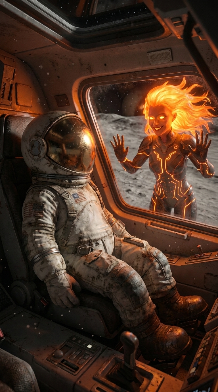 Weathered astronaut in cockpit as Valeria appears glowing outside the window