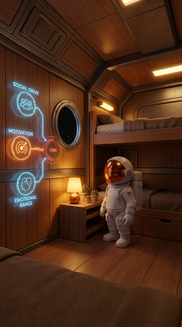 Astronaut studying a holographic map of motivation, social drive, and emotional range in spacecraft quarters