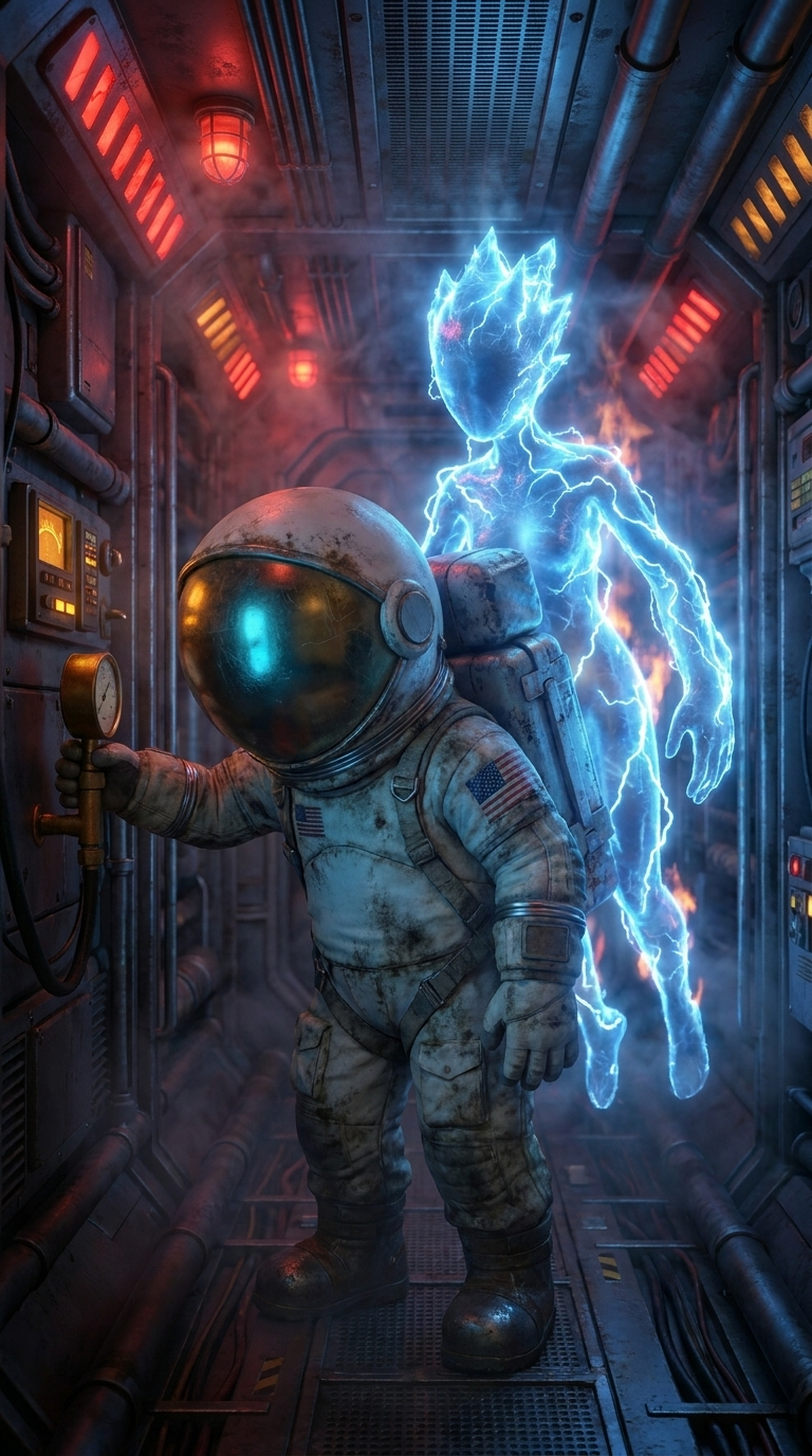 Weathered astronaut gripping a pressure gauge while a blue electric entity looms behind in a cramped spacecraft corridor