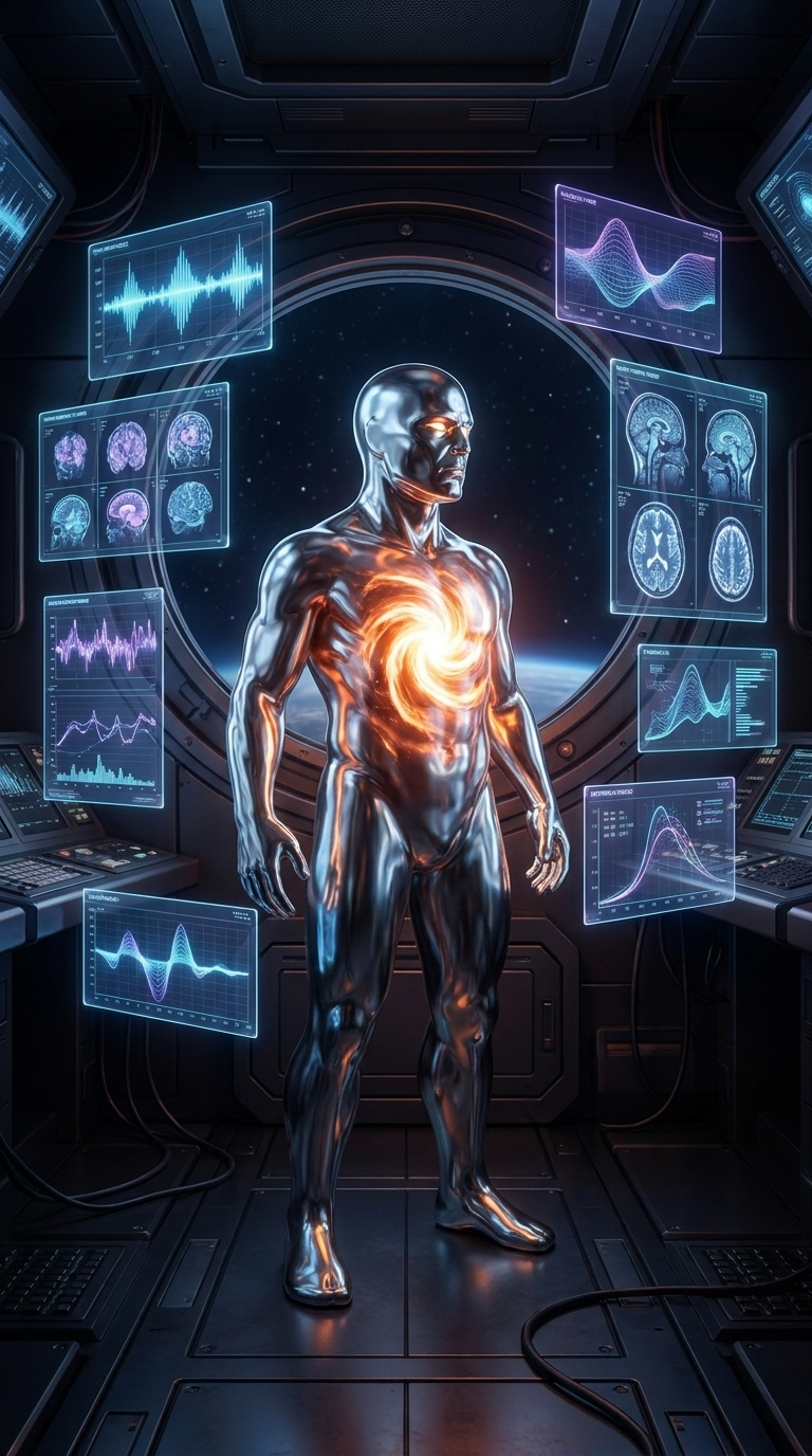 Silver chrome humanoid with a burning fire core standing among floating holographic biological data panels in a spacecraft laboratory