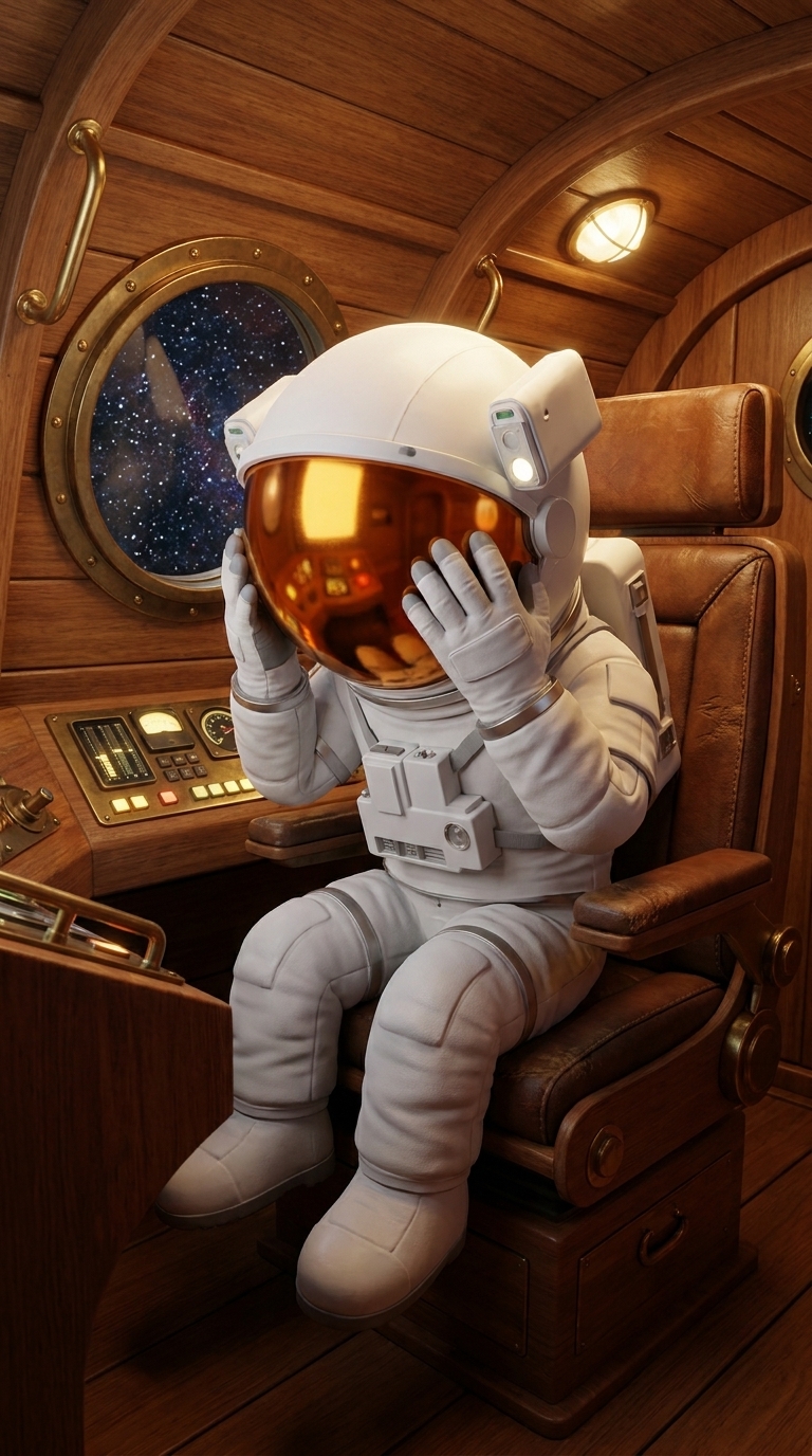 Astronaut with hands on helmet in spacecraft cockpit, overwhelmed by building pressure