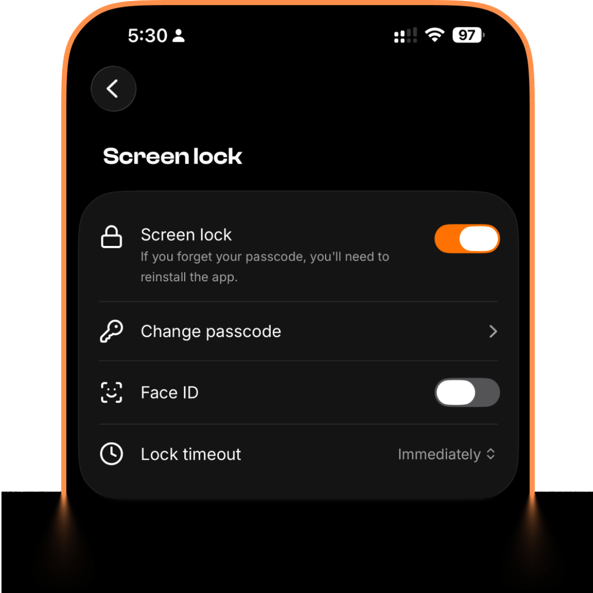 PMOstats privacy settings — Face ID lock and data deletion