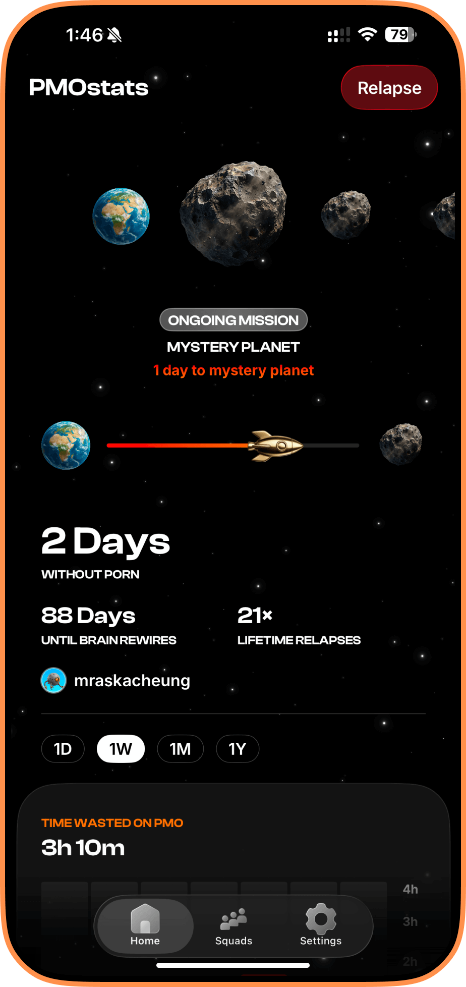 PMOstats space journey — collecting planets with your NoFap streak