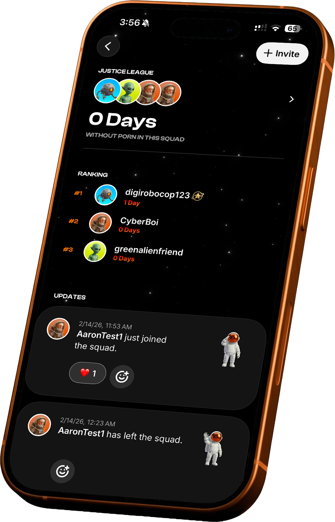 PMOstats squad accountability screen showing shared streaks and rankings